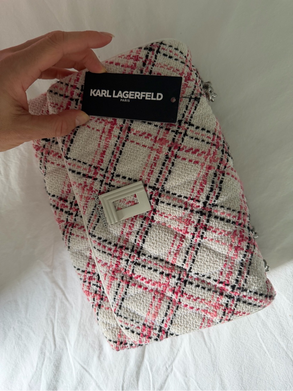 ⁠NWT Karl Lagerfeld Paris Tweed Quilted Shoulder Bag Pink White Black⁠